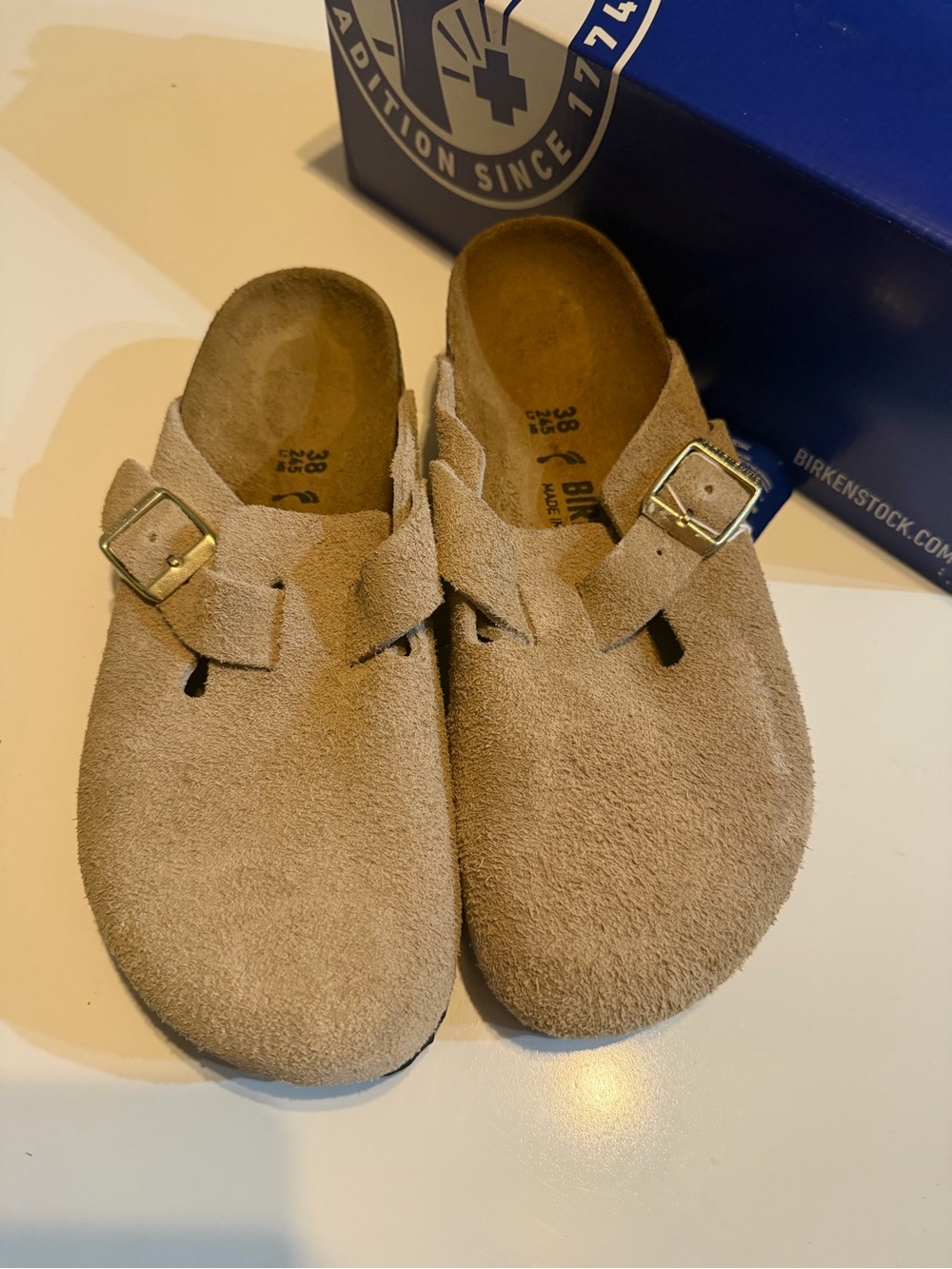 Birkenstock Suede Boston Clogs in Light Tan